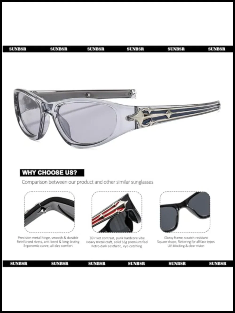 Y2K Wrap Around Sunglasses Retro Punk Star Temple UV400 Protection
